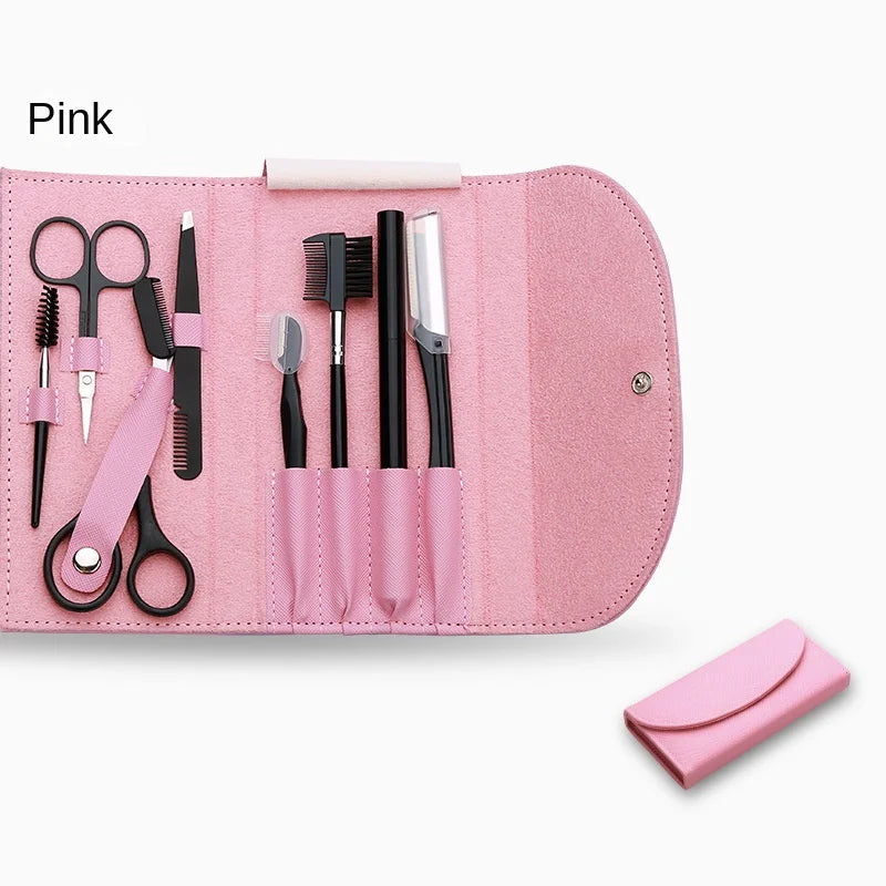 Eyebrow Grooming Shaper Pencil Tweezers Women Men Complete Qme Pink-8Set