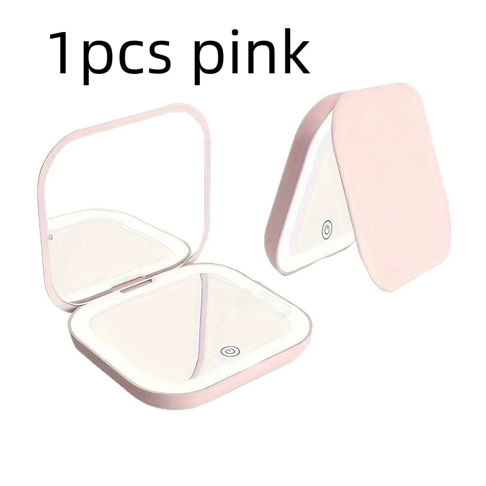 Compact Small Mini Travel Folding Vanity Cosmetic Mirror with Lights Portable HandHeld Pocket LED Makeup Mirror Qme 1pcs pink