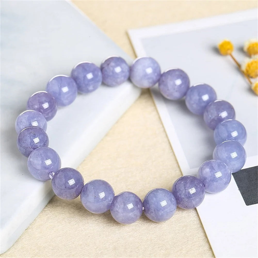Natural Aquamarine Bead Bracelets Women Temperament Purple Chalcedony Charm Round Stone Elegant Healing Strand Bangles Wristband Qme