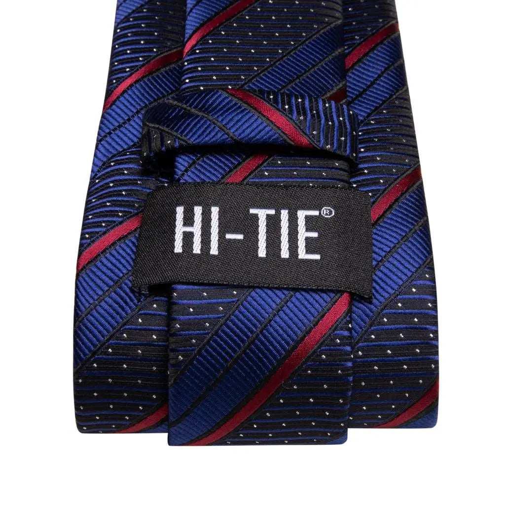 Hi-Tie Striped Navy Blue Mens Fashion Necktie Handkerchief Cufflinks for Tuxedo Accessory Classic Silk Luxury Tie for Man Gift Qme