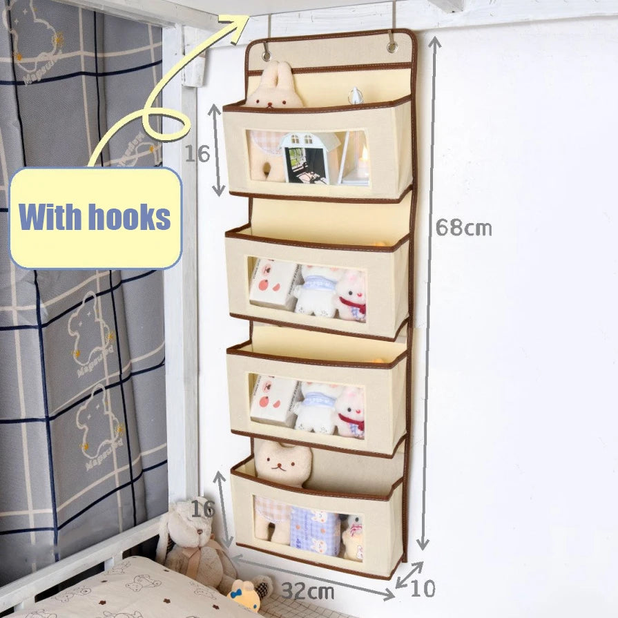 Student Dormitory Home Use Dorm Bed Hook Hanging Storage Bag No Drill Qme 4 layers Beige