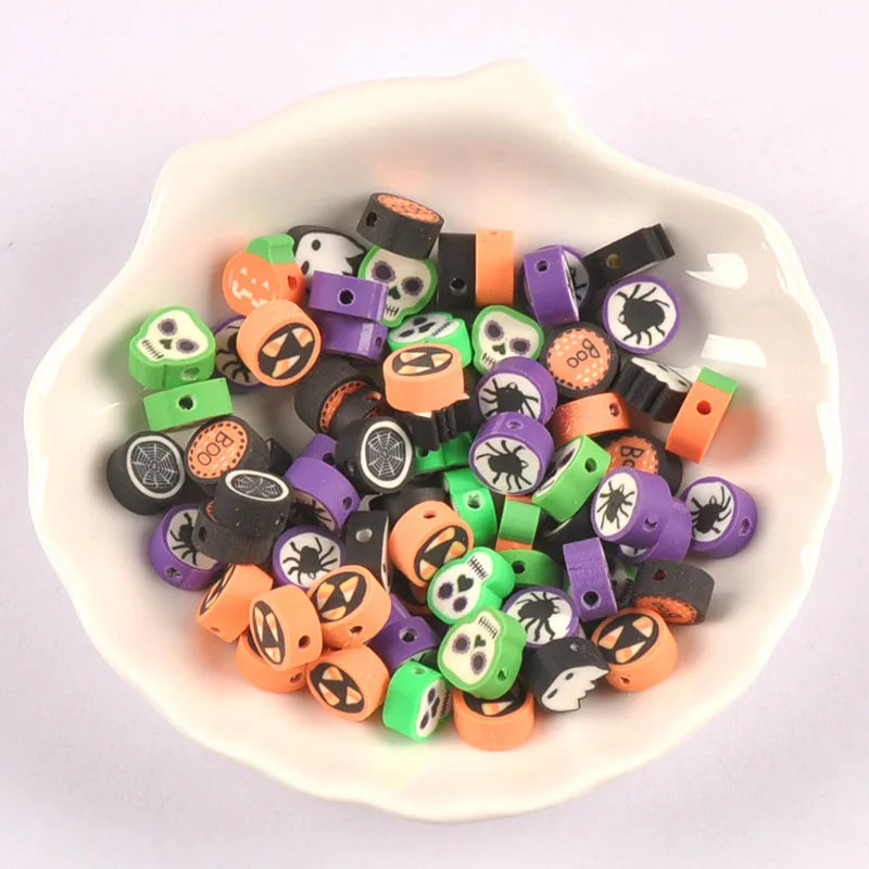 50pcs 10mm Colorful Polymer Clay Mix Pumpkin/Skull/Spider Halloween Beads Jewelry Making Accessories DIY Decor Kids Party Gifts Qme