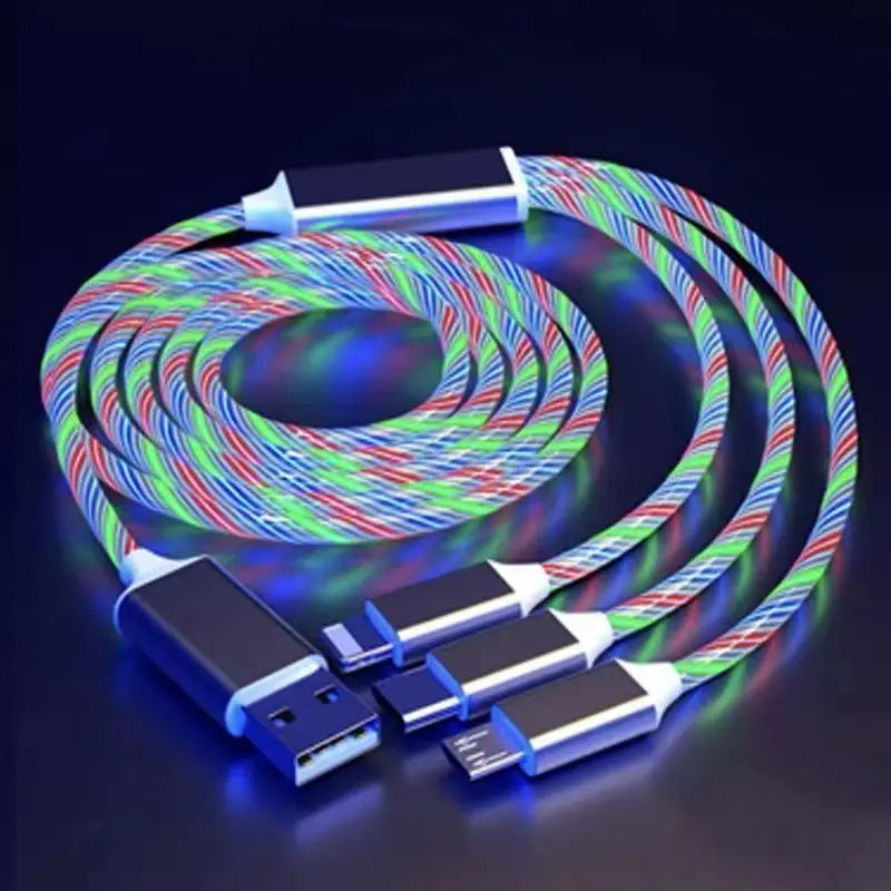 2pcs 3 in 1 Fast Charging Cable for Type C Lightning Android Universal Mobile Phones with Flowing Light Qme White