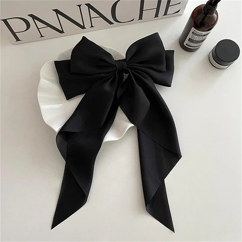 Elegant Bow Ribbon Hair Clip Fashion Simple Solid Satin Spring Pin Qme black