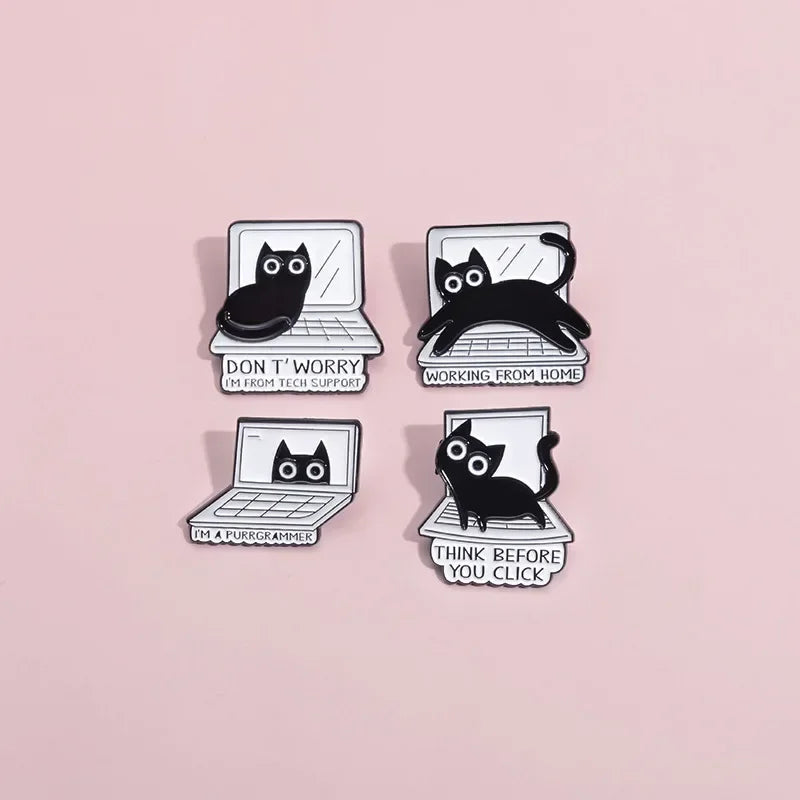Cartoon Black Cat Brooch Enamel Pins Creative THINK BEFORE YOU CLICK Lapel Backpack Badges WORKING FROM HOME Jewelry Wholesale Qme