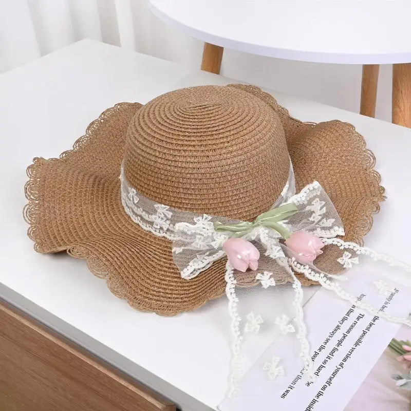 Summer Flower Straw Hat Foldable Sun Wide Large Brim Beach Hats Qme Khaki