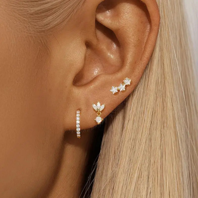 3PCS Fashion Cute Zircon Flower Ear Stud For Women Fashion 18K Gold Plated Star Ear Stud Earring Piercing Girl Set Jewelry Gift Qme
