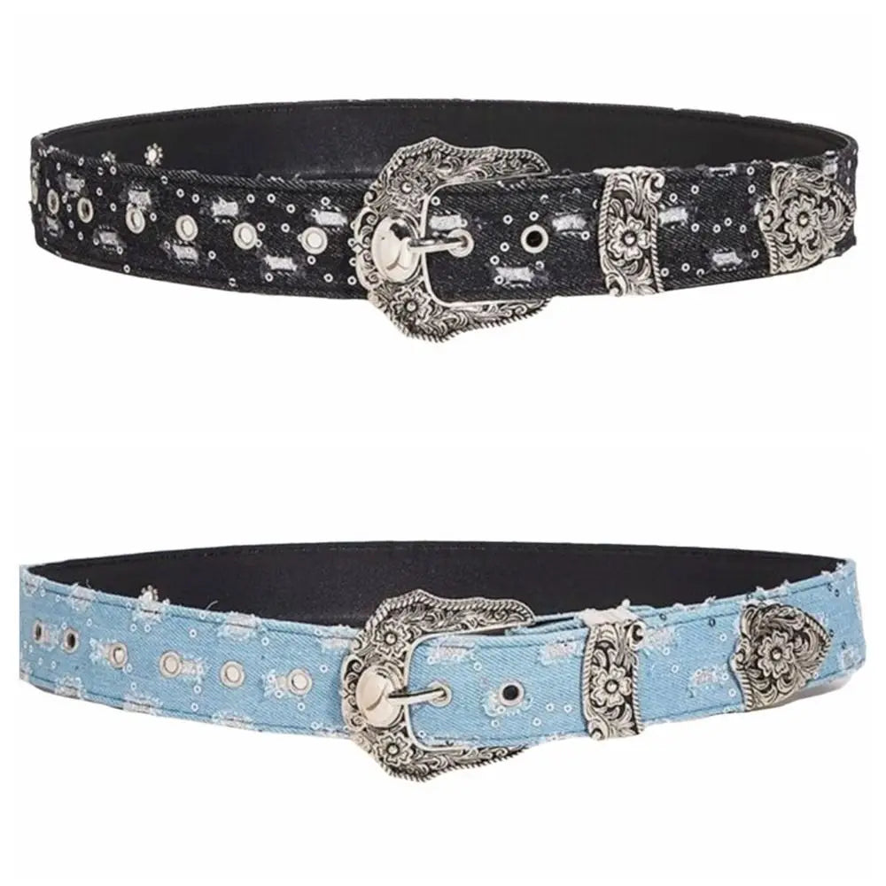 Casual Korean Sequin Belt Harajuku Y2k Metal Buckle Aesthetic Ripped Qme