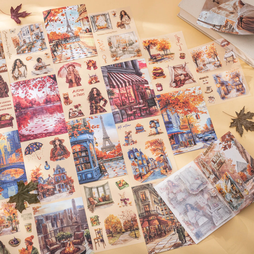 20 Sheets Paris Autumn Series Travel Theme Dual Material Sticker Book for DIY Scrapbooking Photo Frame Collage Decoration Qme
