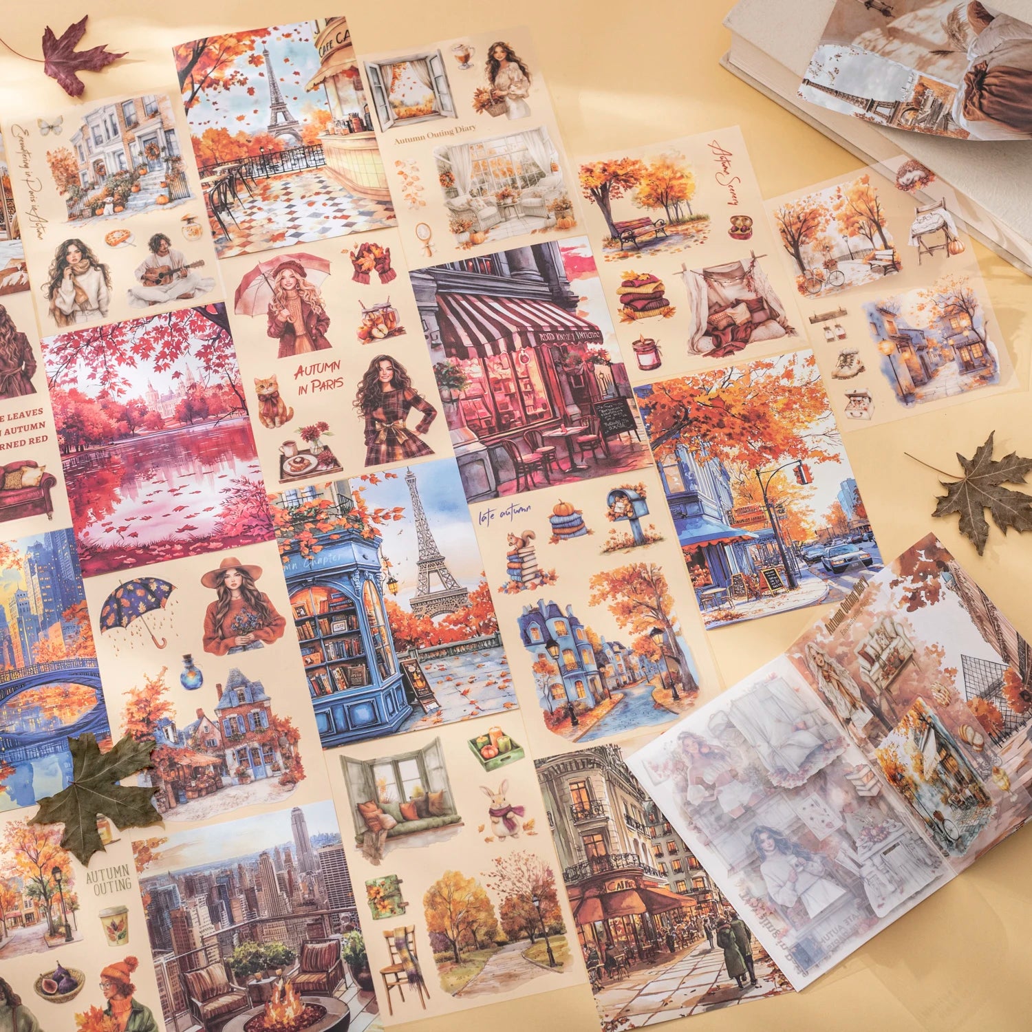 20 Sheets Paris Autumn Series Travel Theme Dual Material Sticker Book for DIY Scrapbooking Photo Frame Collage Decoration Qme