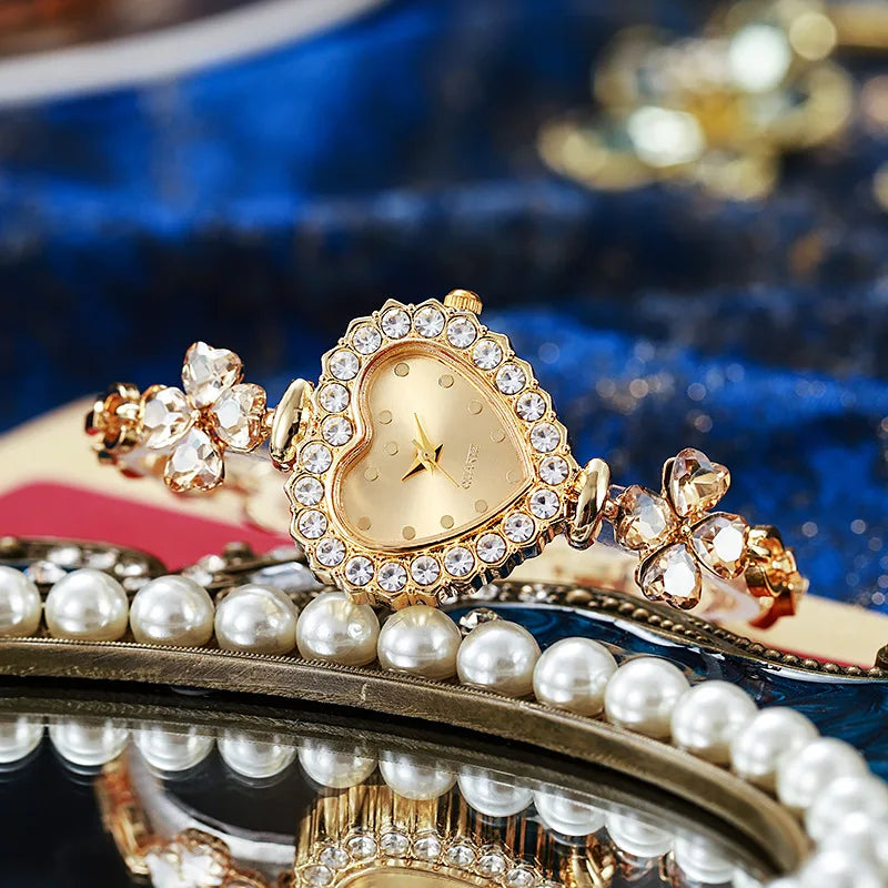 Requintado relógio de pulso feminino em forma de coração, pulseira quartzo sem caixa, moda Qme