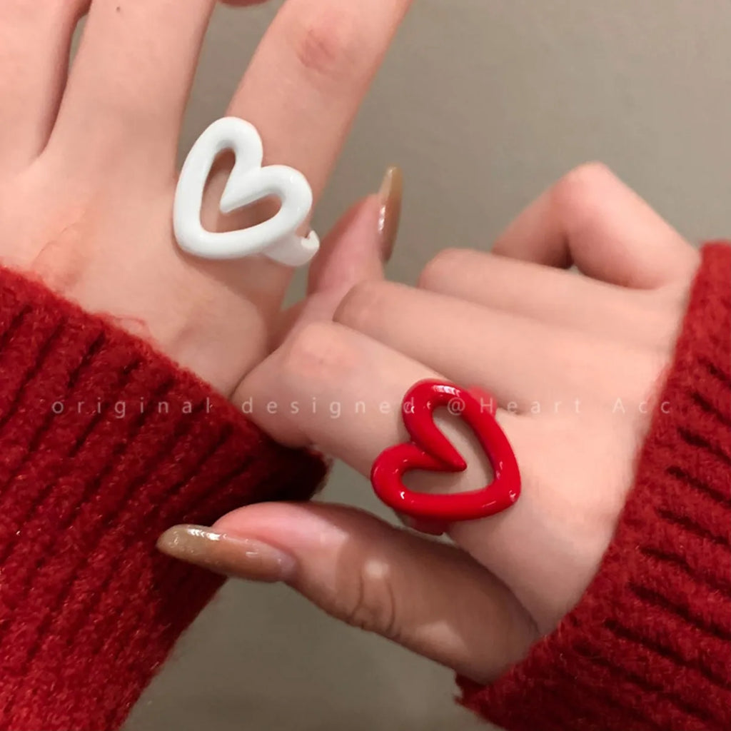 White Red Enamel Heart Sweet Ring Trendy Geometric Dripping Oil for Women Girls Funny Y2K Rings Festive Jewelry Gift Wholesale Qme