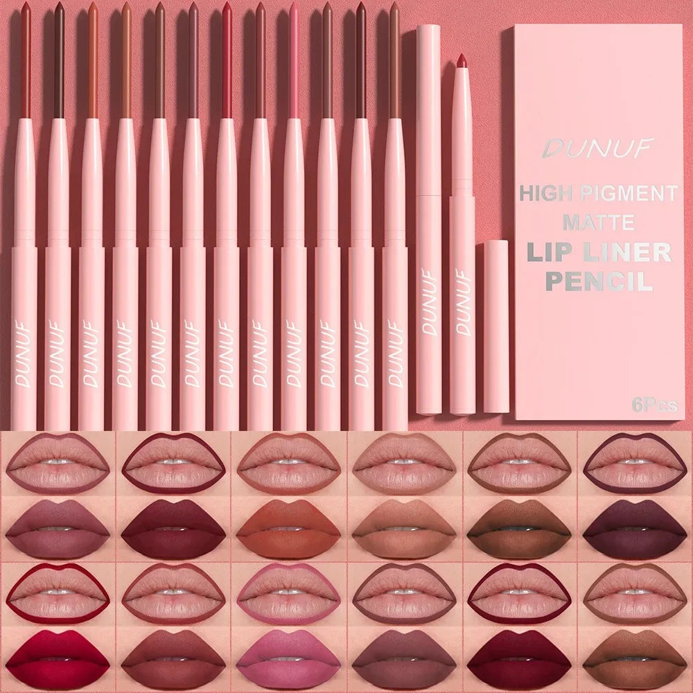 6PC Velvet Matte Lipstick Pen Nude Brown Lip Liner Pencil Kit Smooth Rose Red Pigment Waterproof Long Lasting Dye Cheek Lip Tint Qme