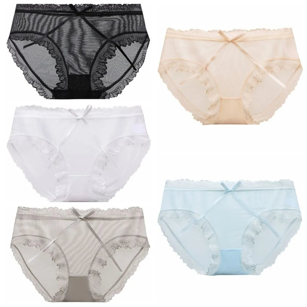 Sweet Low Waist Lace Panties Bow Cotton Crotch Mesh Briefs Ice Silk Qme