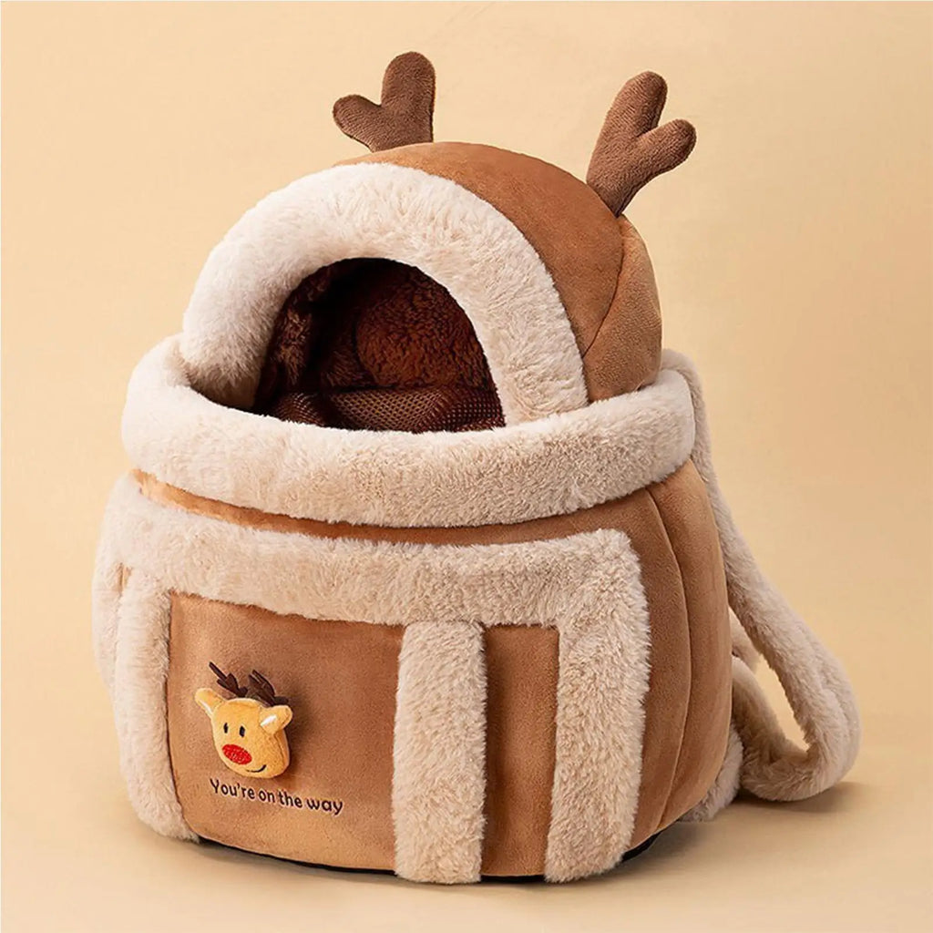 Cat Carrying Bag Pet Plush Elk Shape Backpack Winter Puppy Outgoing Backpack For Travel Hiking Outdoor Camping Indoor Qme
