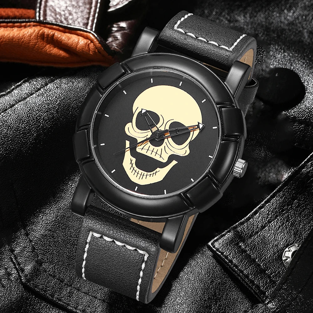 4PCS/SET Men's Watch Fashion Trend Halloween Elements Round Dial Quartz Watch Bracelet Necklace Ring Set Perfect Holiday Gift Qme