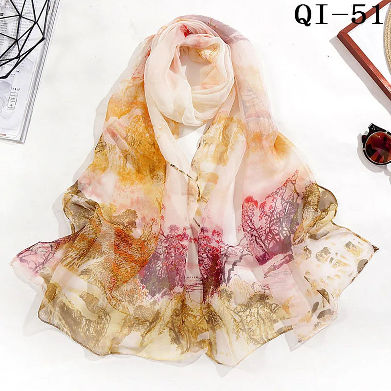 Painting Lotus Beach Sun Protection Chiffon Georgette Scarf Women