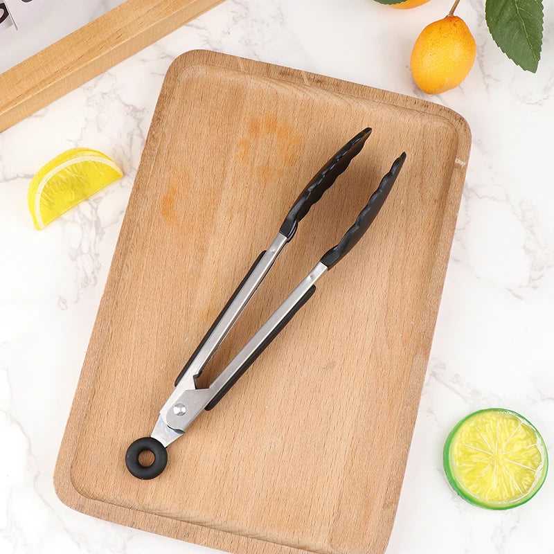 Stainless Steel Food Clip BBQ Grill Steak Non-slip Handle Bread Tong Qme Black