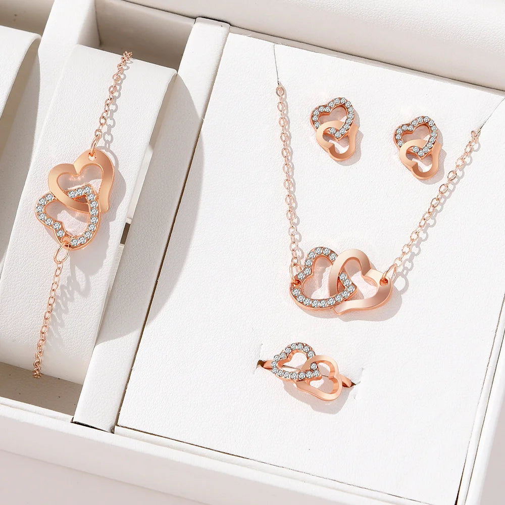 5-Piece wedding Fashionable &Exquisite Gold Rhinestone Heart Jewelry Set - Earrings, Necklace, Bracelet and Ring Combination Qme H168-RGO