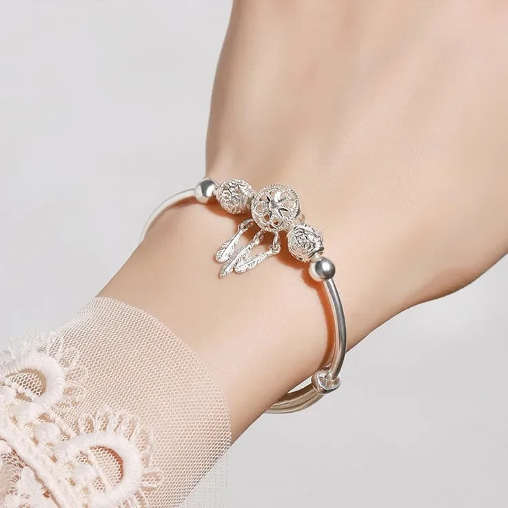 Fine 925 Sterling Silver Dreamcatcher Tassel Feather Lucky Bead Bracelet Bangle for Women Fashion Original Jewelry Couple Gifts Qme