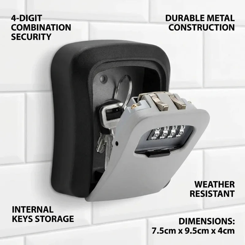 Wall Mount Key Lock Box with 4 Digit Password Code Security Home Office Key Safe Storage Organizer - No Key Required Qme