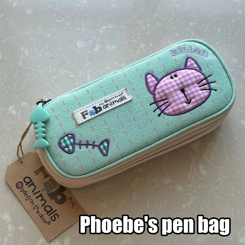 Large Capacity Pen Bag Kawaii Kitten Pencil Case Double Layer Qme