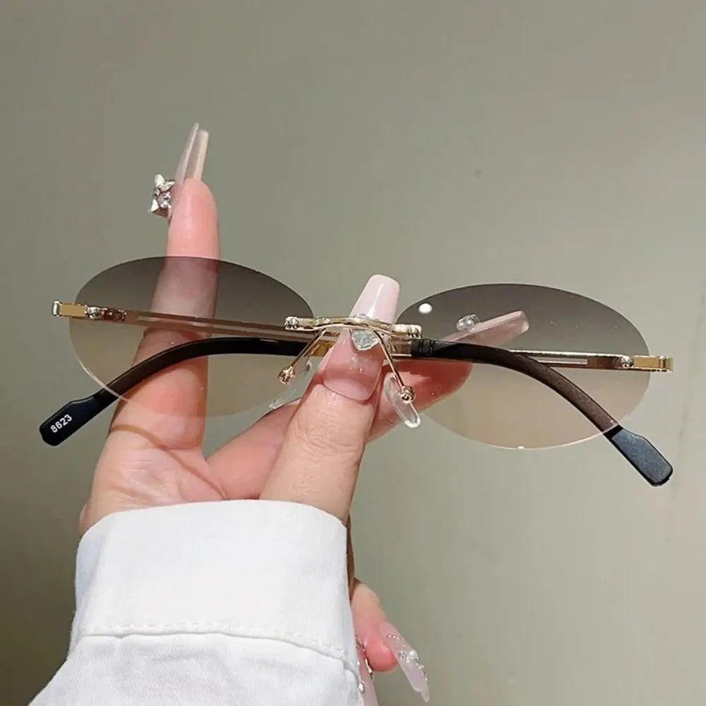Trendy Vintage Frameless Sunglasses Metal Gradient Rimless Oval Sunglasses Small Frame Solid Color Fashion Shades Beachwear Qme