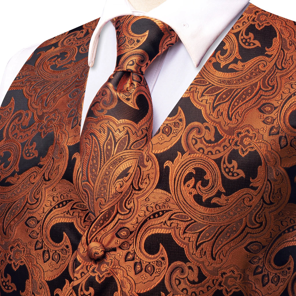 Men's Black Golden Brown Mint Wine Floral Vest & Tie Hanky Cufflinks Set – Formal Waistcoat for Weddings Events Party Gift Qme