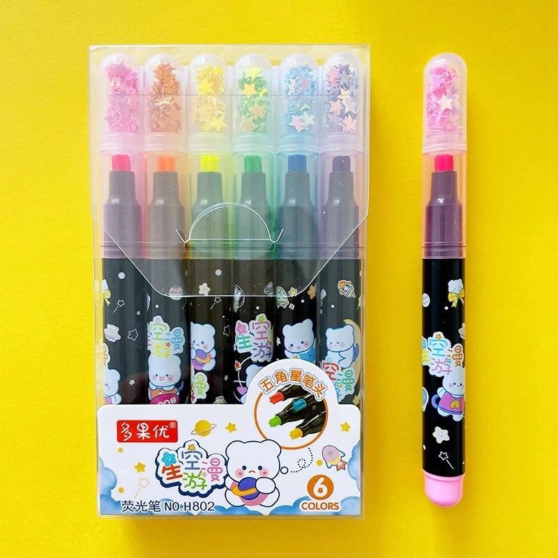 6Pcs/set Cute Star Stamp Highlighter Color Art Marker DIY Hand Account Pen Office Stationery Student School Drawing Supplies Qme