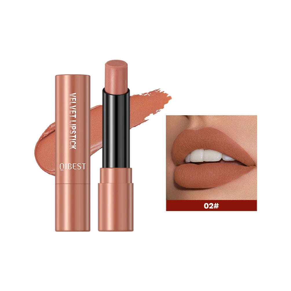 QIBESTNatural Velvet Matte Lipstick Long-lasting 10 Color Lip Stain Lightweight Moisturizing Lip Balm Women Makeup New Lip Tint Qme 02