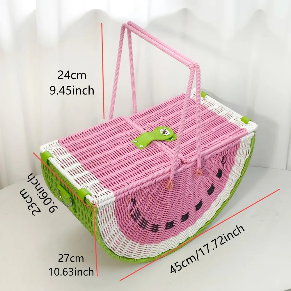 Picnic Basket Retro Watermelon Shaped Picnic Hamper Imitation Rattan Woven Storage Basket with Handle Large Capacity for Camping Qme