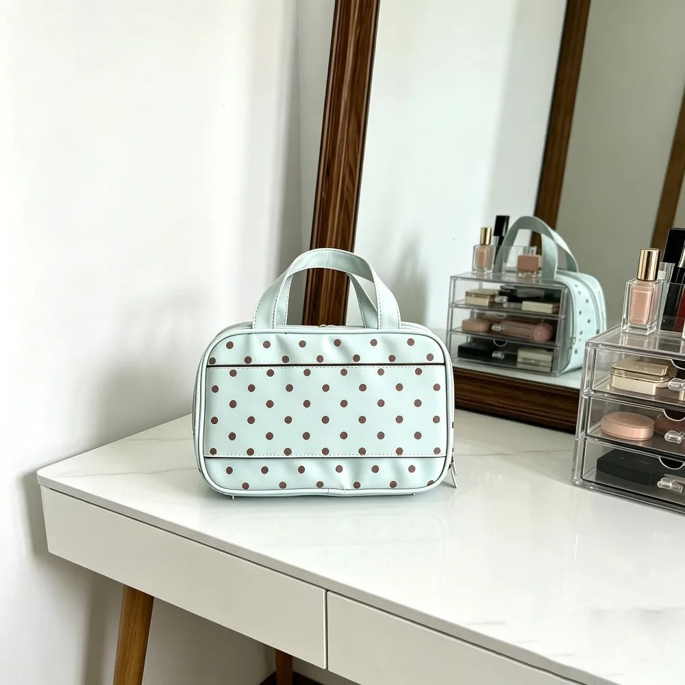 Korean Mint Green Polka Dot Synthetic Leather Makeup Bag Large Qme
