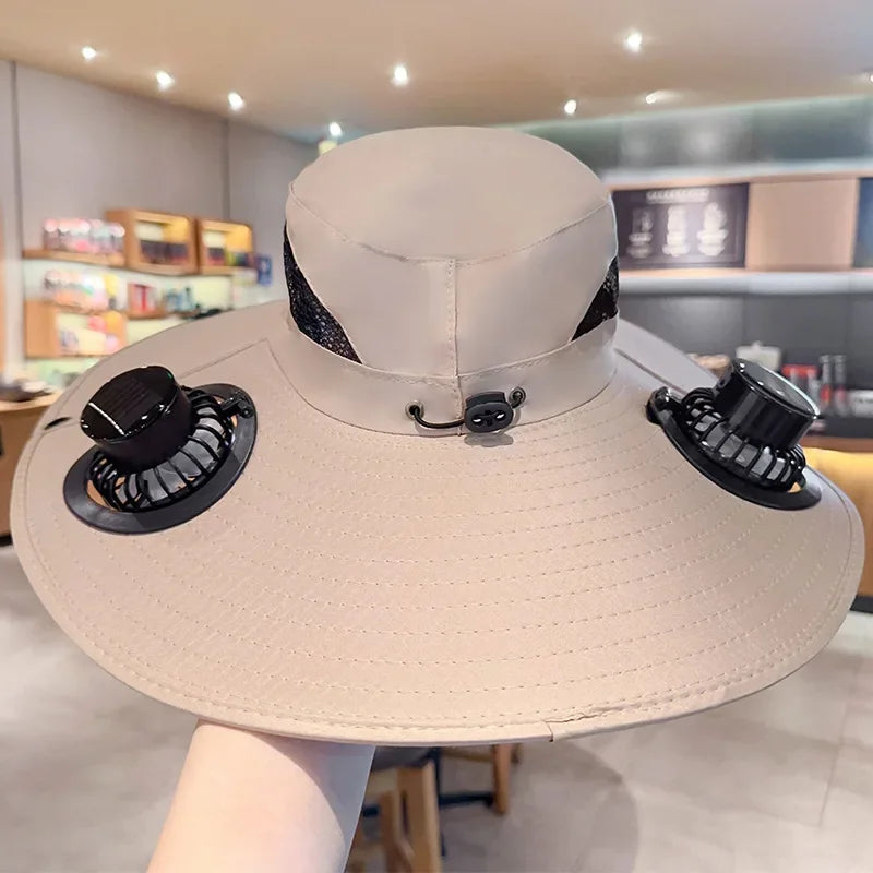 Summer USB Solar Energy 2 Fan Sun Hat Men Women Breathable Fishing CapSun Protection Mesh Fisherman Hat Hiking Outdoor Beach Cap Qme Khaki