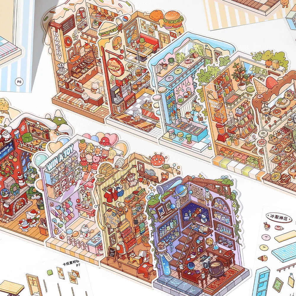 13 Pcs in 1 Book Cartoon 2.8D Landscape Sticker DIY Pocket Cabin Scene Stacking and Stick Stickers Gift for Kid Child Student Qme