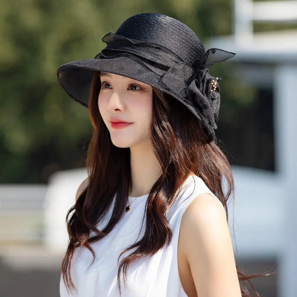 Floral Organza Sun Hat Elegant Wide Brim Bucket Hat UPF 50+ Breathable Flower Vacation Style Beach Sun Hat Qme