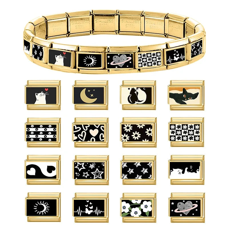 Cute Big Eyes Cat Black Series Charm Bracelet Fit 9mm Bracelet Stainless Steel Charm Italian Links Module Bracelet Accessories Qme