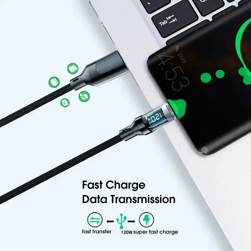 120W USB A to Type C Quike Data Transmission Cable Cord Phone Quike Charging Cable LED Display Line For Samsung iPhone Xiaomi Qme