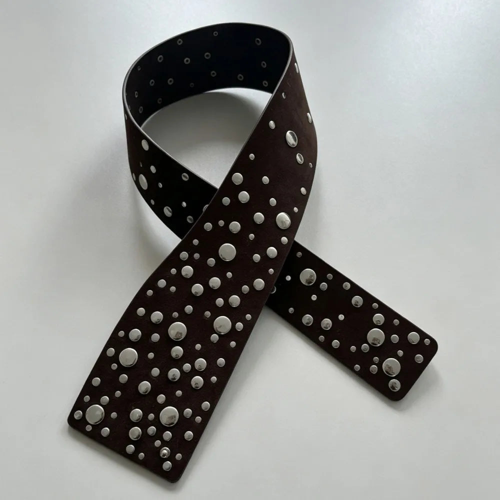 PU Leather Rivets Extra Wide Belt Y2K Exaggerated Studded Wide Waistband Punk Versatile Irregular Decorative Belt Concert Qme