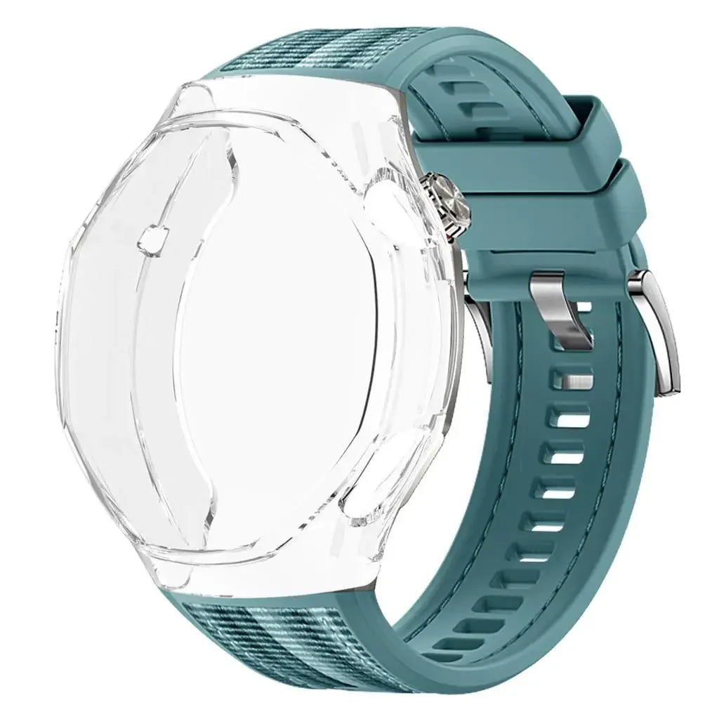 TPU Case+Strap For Huawei GT6 Pro 46mm Soft Silicone+Nylon Woven Bracelet Band With TPU Protector Bumper Shell Cover Qme Blue-Tr For GT6 Pro 46mm