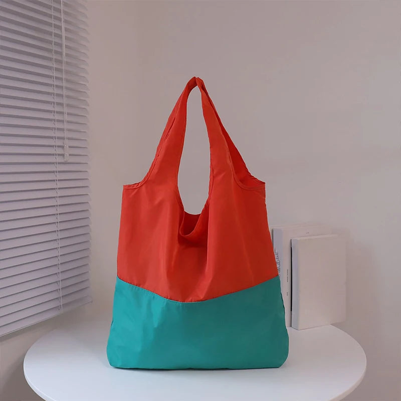 Color-block Patchwork Foldable Shopping Bag Eco-friendly Large Capacity Portable Waterproof Shoulder Bag Qme Orange one size