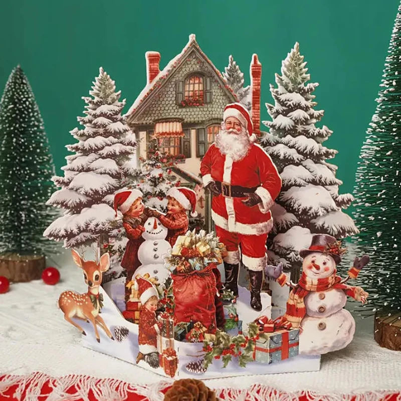 3D Christmas Card Night Before Scene Santa Reindeer Snowy Village Qme
