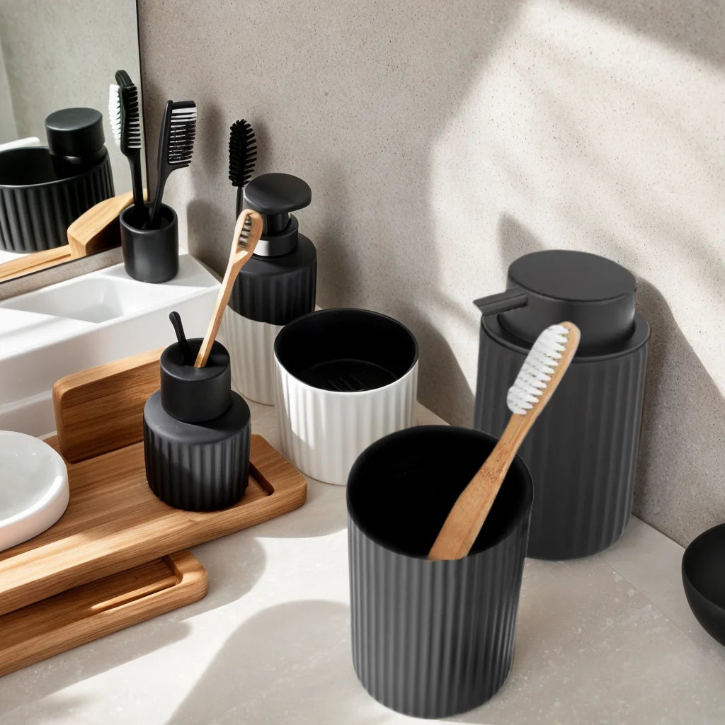Foaming Soap Dispenser Set with Toothbrush Holder Silicone Tray Modern Black Foaming Dispenser Bottle for Hands Dishes Qme
