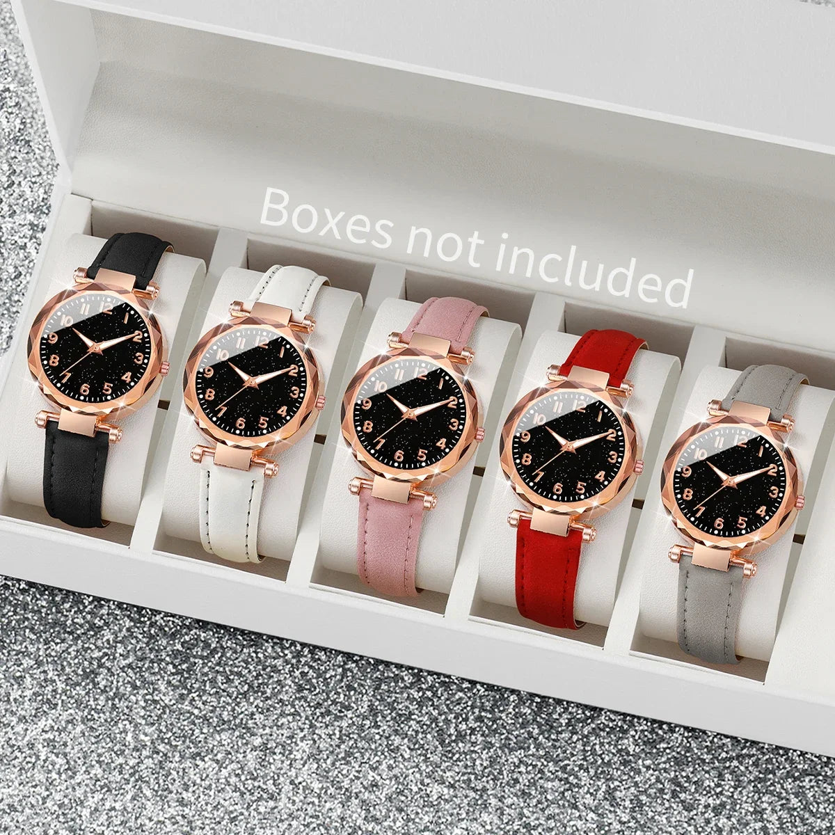 5pçs moda céu estrelado dial relógios femininos simples casual pulseira de couro mulher relógio de quartzo reloj mujer presente Qme Boxes not included