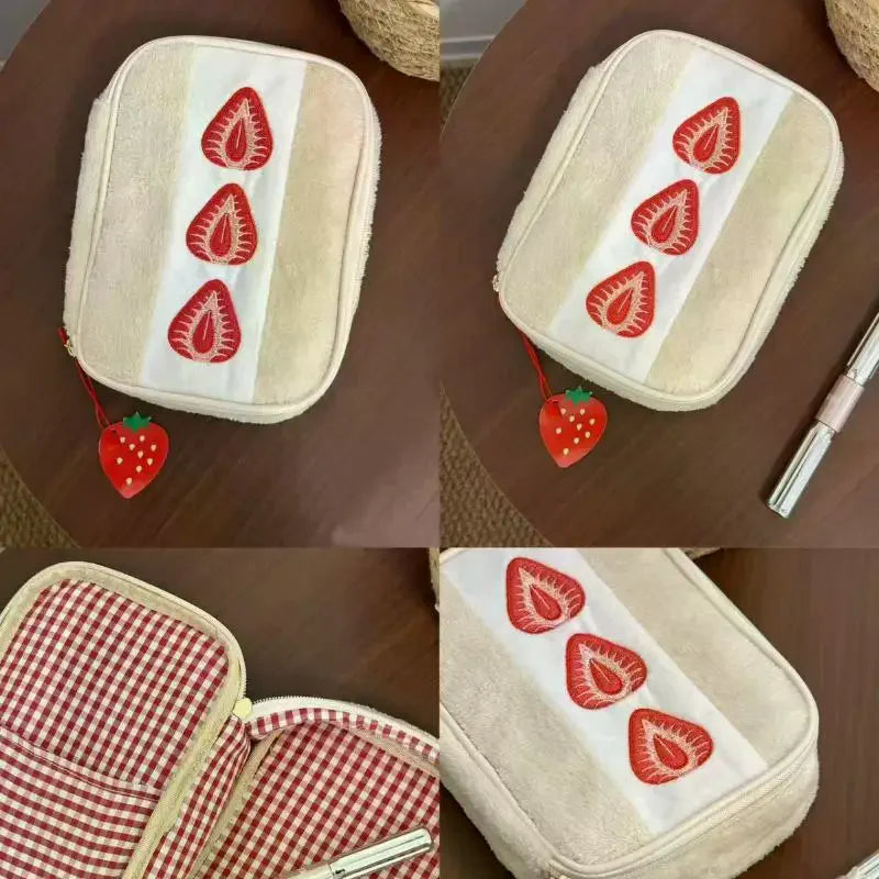 Cute Embroidered Strawberry Pencil Case Portable Stationery Pen Box Multi Functional Large Capacity Makeup Bag Storage Bag Qme