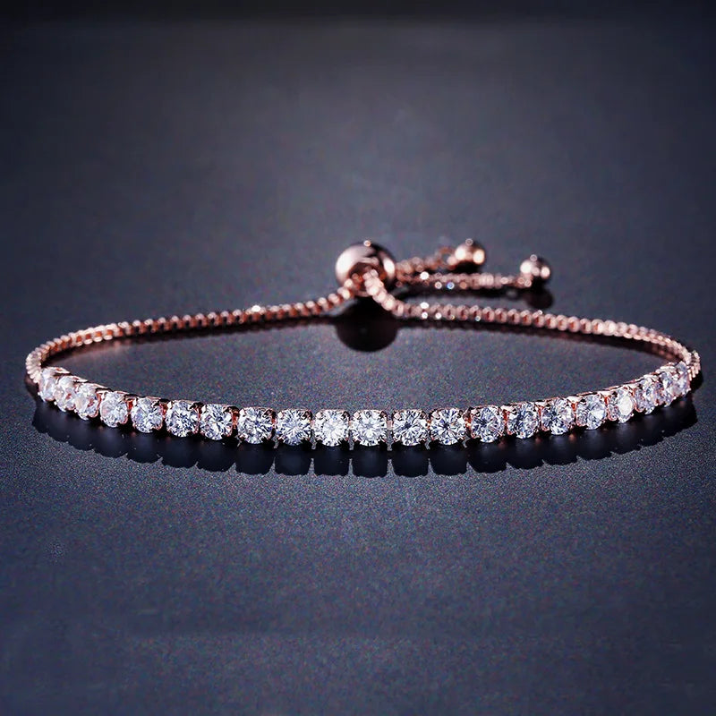 1-2 pieces Women's Geometric Round 4mm Zircon Bracelet Adjustable Slider Chain Versatile Fashion Jewelry Qme RoseGold