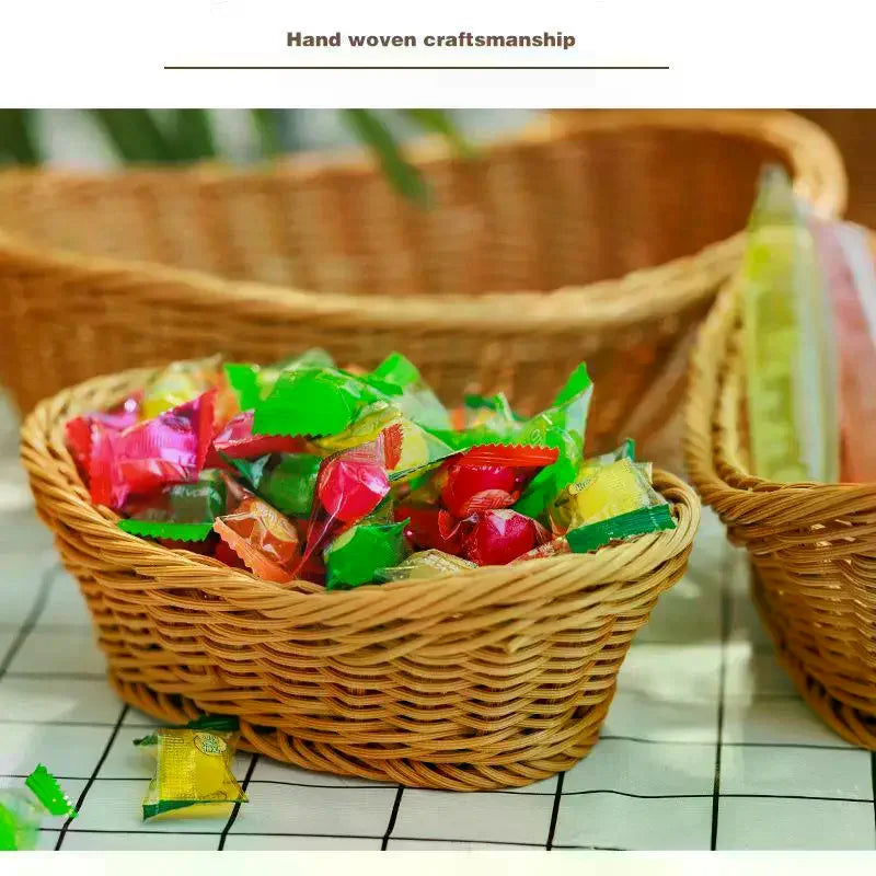 Handwoven Plastic Rattan Basket Durable Washable For Kitchen Bread Fruits Snacks Holder Qme