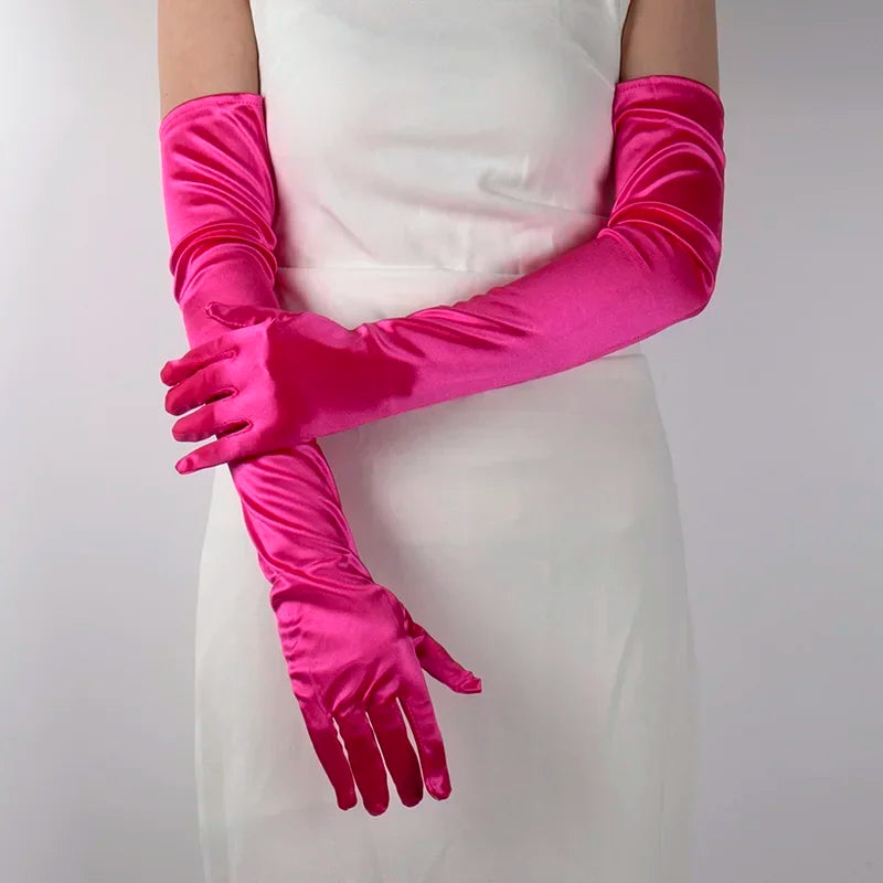 Classics Ladies Satin Long Mittens Stage Performance Women Black Colour Gloves Sexy Accessories Soft Smooth Solid High Stretch Qme Rose Red One Size