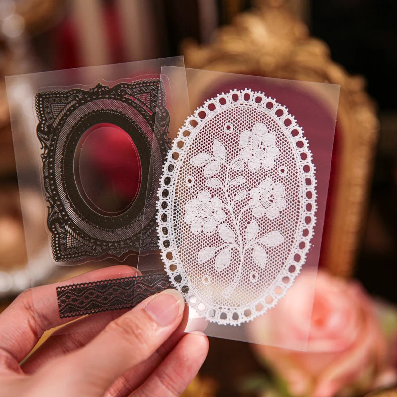 TIANZI 30 Sheets PET Die Cut Stickers Book Black & White Lace Theme Retro Decorative Handmade Scrapbooking Stationery Supplies Qme
