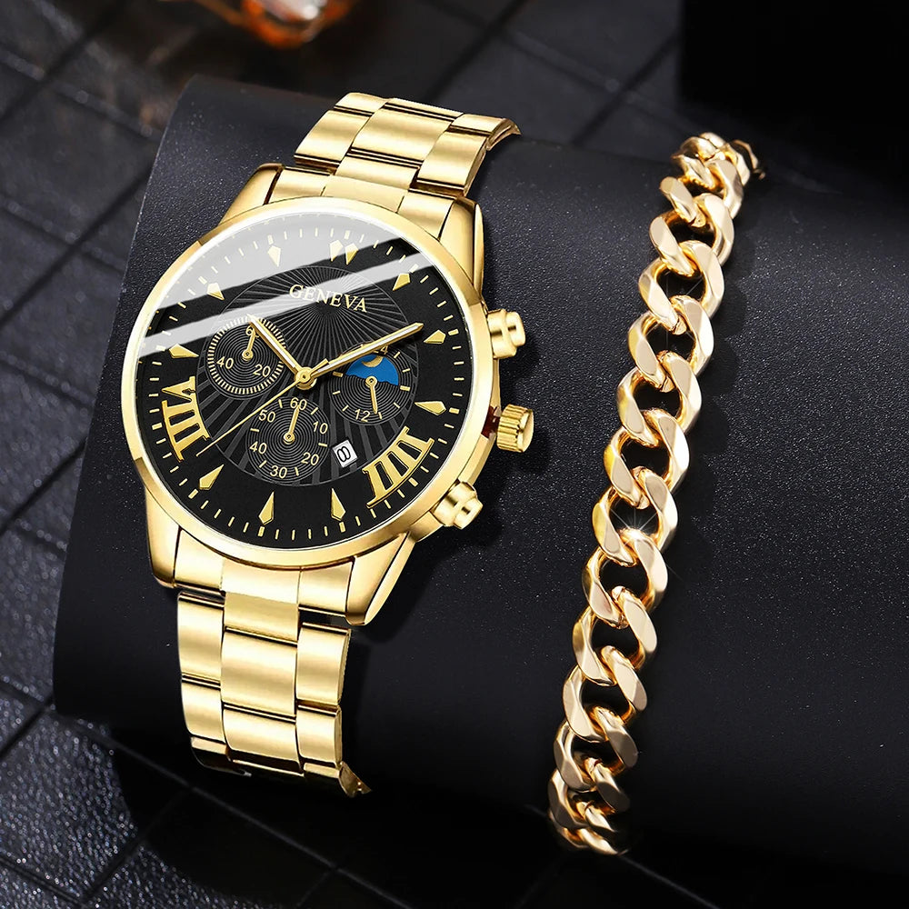 2PCS/SET Fashion Men's Watch Business Trend Versatile Quartz Watch Bracelet Set is The Perfect Gift Set For Friends or Fathers Qme
