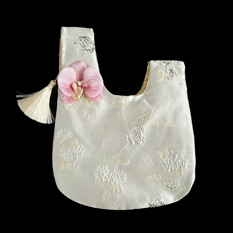 Orchid Tassel Faux Silk Jacquard Fabric Handbag New Chinese Retro Style Small Bag Qme Beige